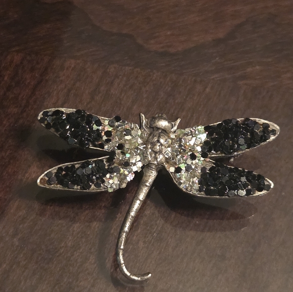 Vintage 1980's Don-lin Silver and Black (With Rhinestones) Dragonfly Brooch - Picture 2 of 6